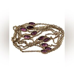 Antique Gold Filled Amethyst Glass Long Chain Necklace 44”